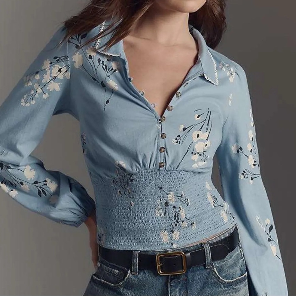 Maeve Blue Embellished Notched Collar Blouse - Picture 5 of 5